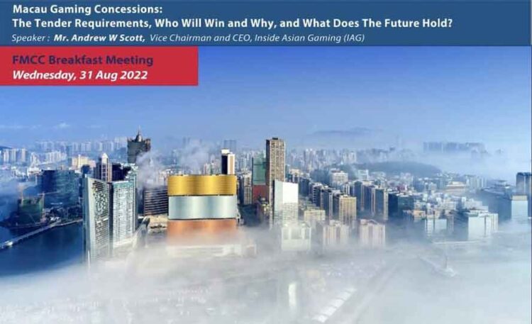 IAG’s Andrew W Scott to discuss Macau’s concession re-tendering at FMCC breakfast meeting next Wednesday 31 August